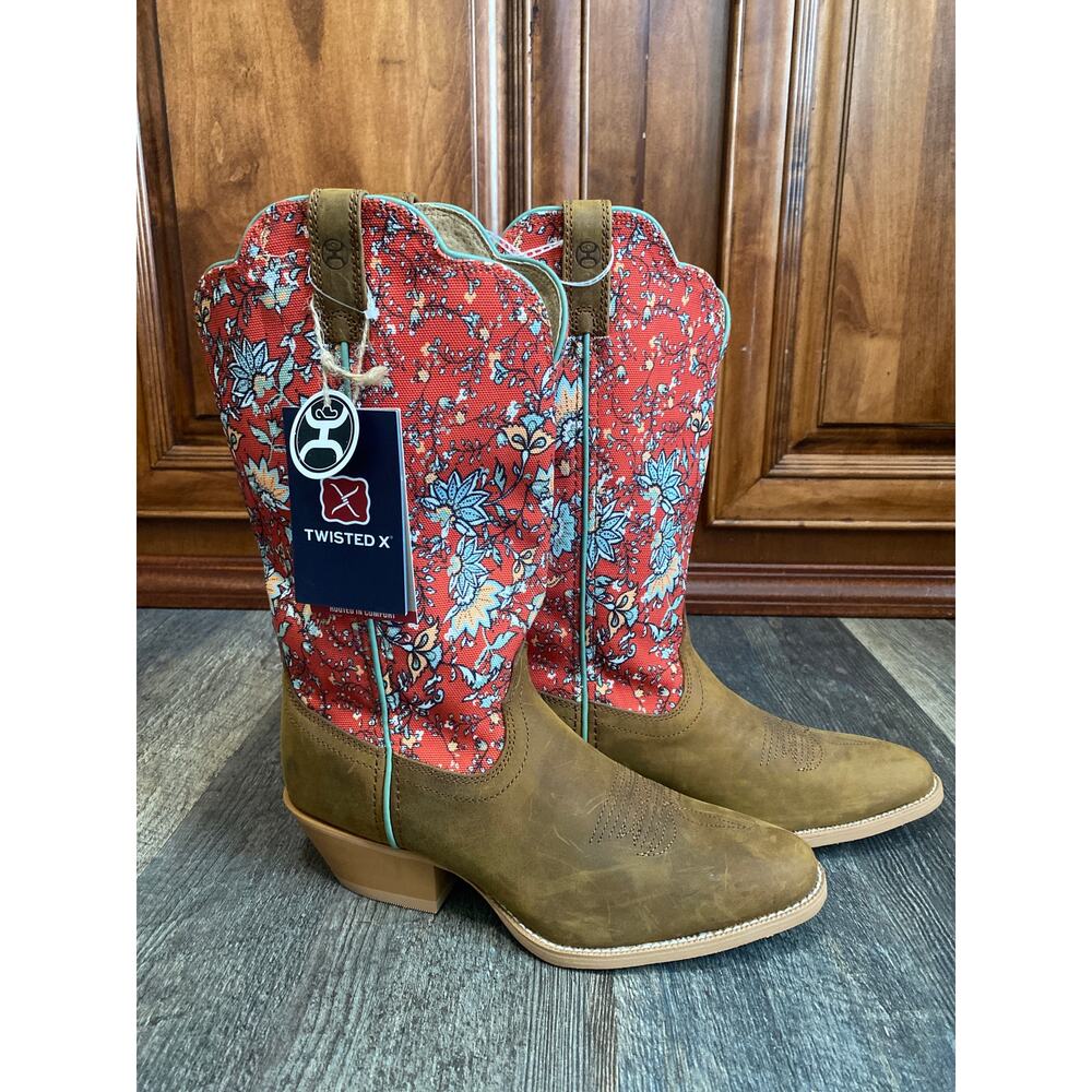 Twisted X Women's 12" Hooey Boots Size 8B Rustic Brown and Red Floral Shaft